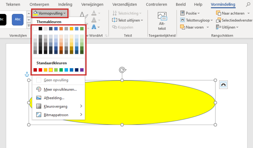 tekenen in word, vorm inkleuren